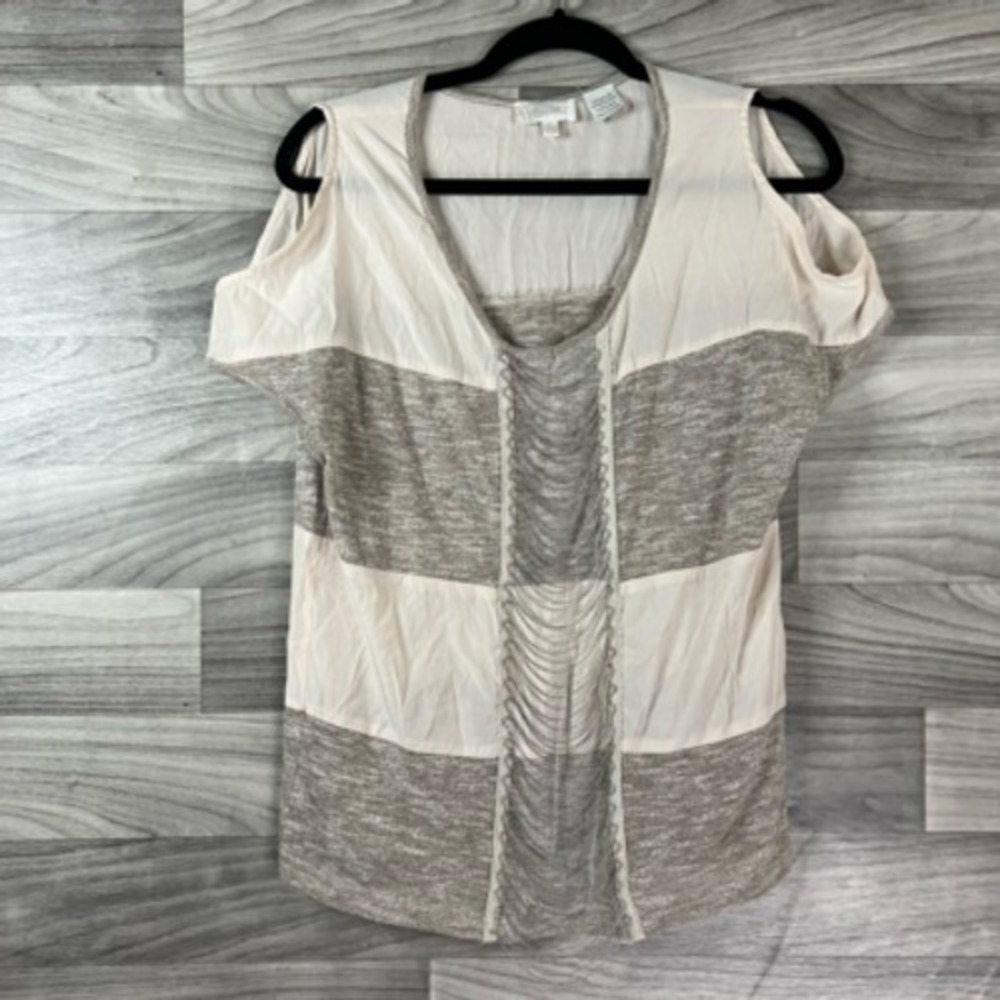 Miss Me Womens Blouse Gray Marled Stripe Scoop Neck Cold Shoulder Draped Chain M